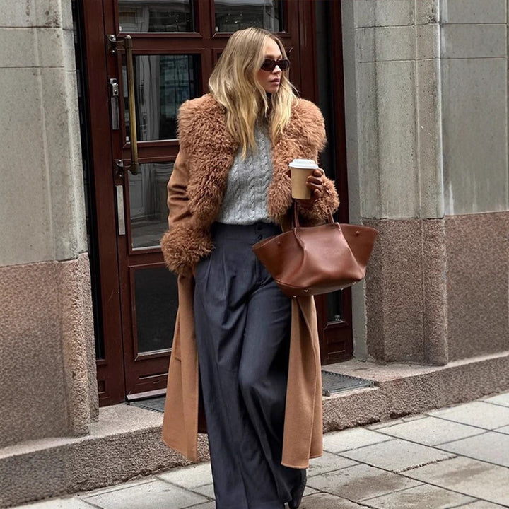 Ladies Maxilength Wool Blend Coat with Detachable Curly Faux Fur Shawl Collar and Fur Cuffs Amarae