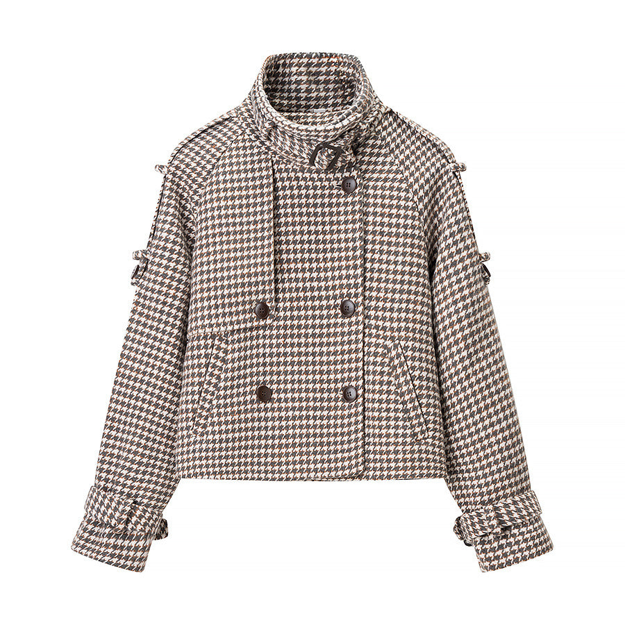 Women's Short Cut Wool Blend Check Coat with Large Shawl Collar Amarae