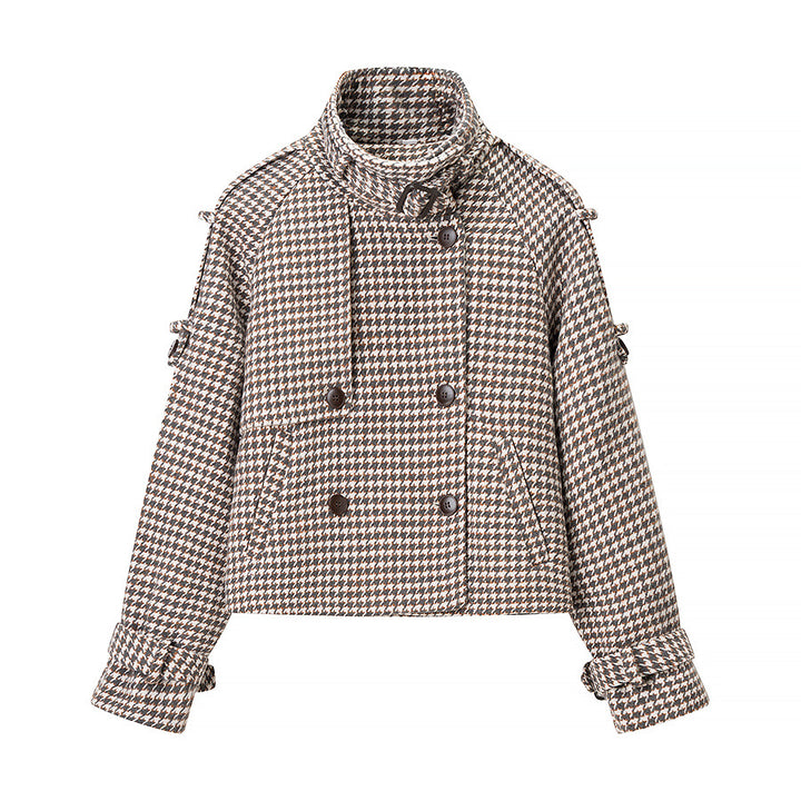 Women's Short Cut Wool Blend Check Coat with Large Shawl Collar Amarae