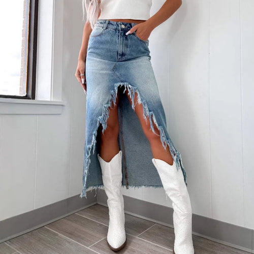 High-waisted denim skirt for women with fringes and slit Amarae