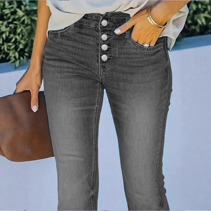 Ladies high-waisted flare jeans with decorative button placket and sculpting fit Amarae