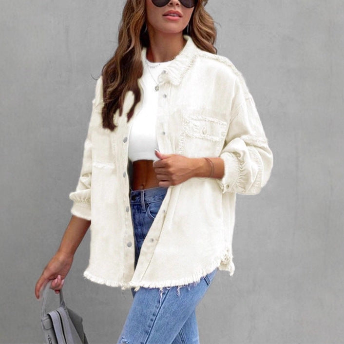Women's Casual Denim Shirt-Style Jacket with Raw Edge and Snap Button Placket Amarae