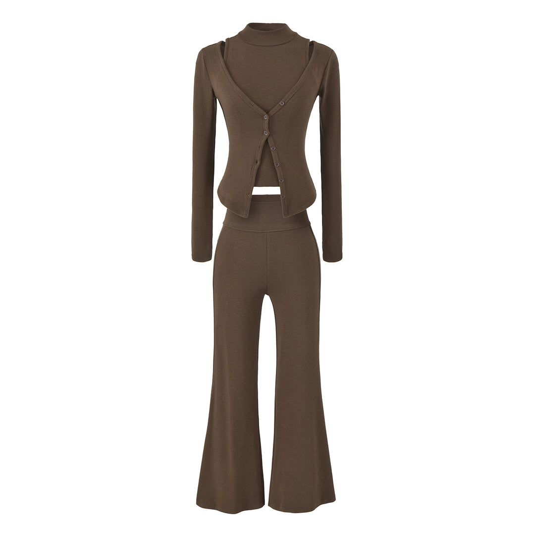 Women Figure-Hugging Layering Set with Turtleneck Long Sleeve and Asymmetrical Button Jacket and Flared High-Waist Pants Amarae
