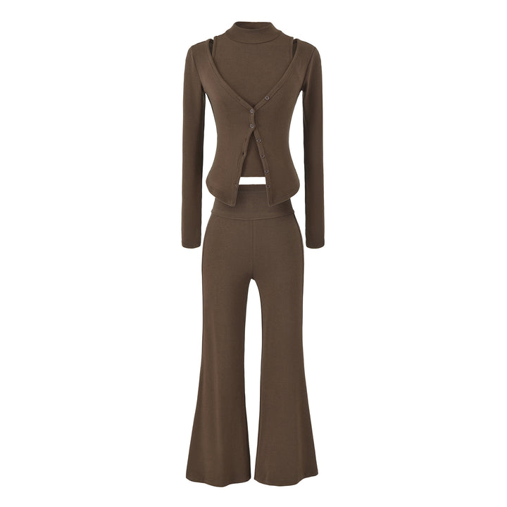 Women Figure-Hugging Layering Set with Turtleneck Long Sleeve and Asymmetrical Button Jacket and Flared High-Waist Pants Amarae