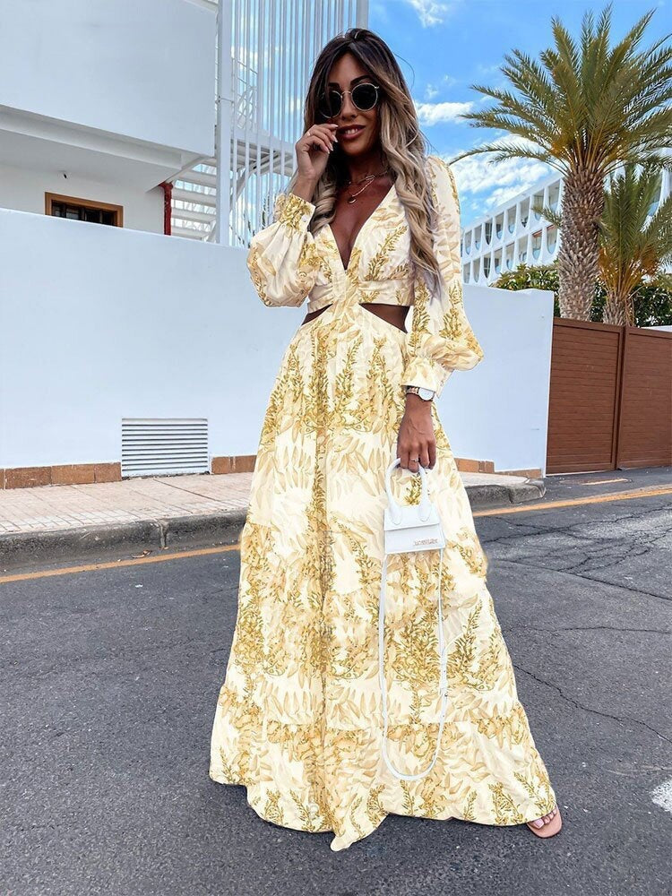 Maxi dress for women with floral cut and pretty ruffle details Lune London