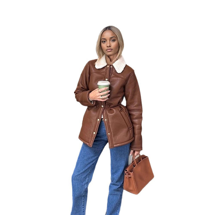 Women's Tailored Faux Leather Jacket with Drawstring, Teddy Collar and Snap Button Placket Amarae
