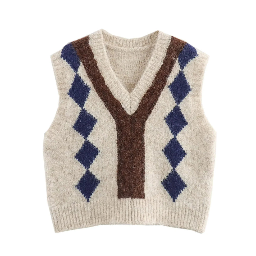Women's Argyle Knit Vest with V-Neck and Fluffy Mohair Look Amarae