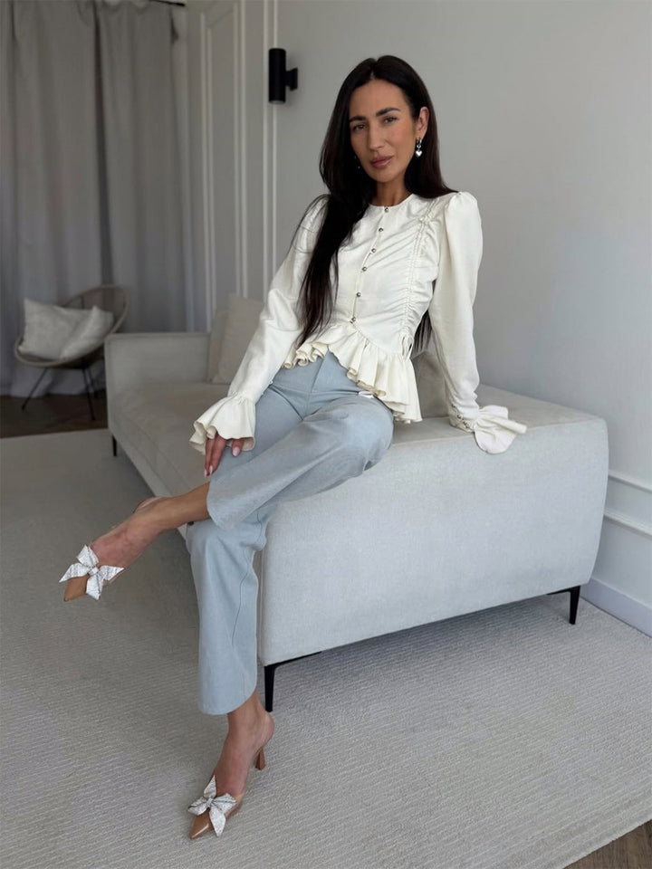 Women's Ruffled Fitted Blouse with Peplum & Puff Sleeves Amarae