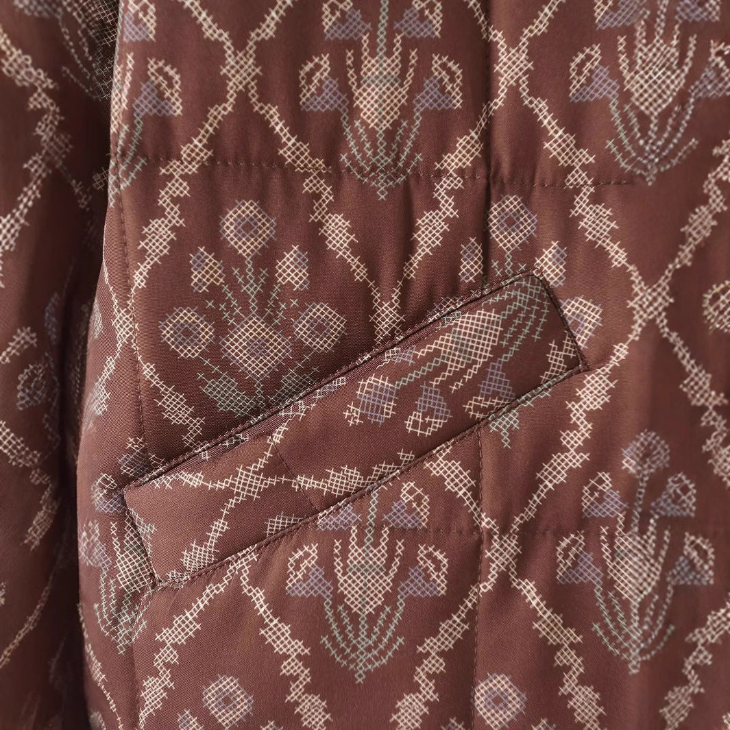 Quilted transitional jacket for women with floral design and practical pockets Lune London