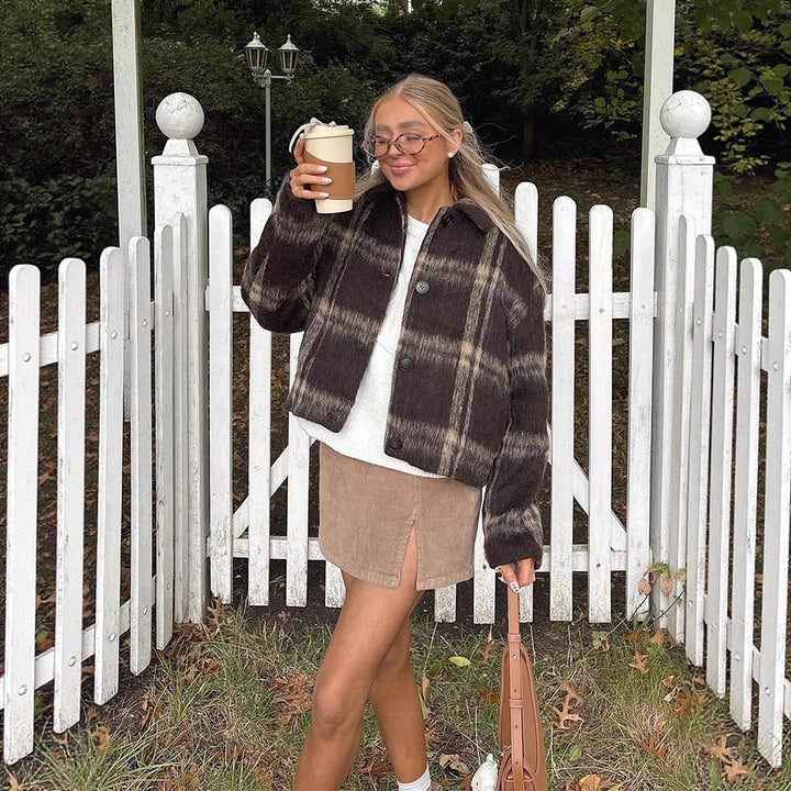 Women's short checkered bouclé jacket with boxy silhouette and button placket Amarae