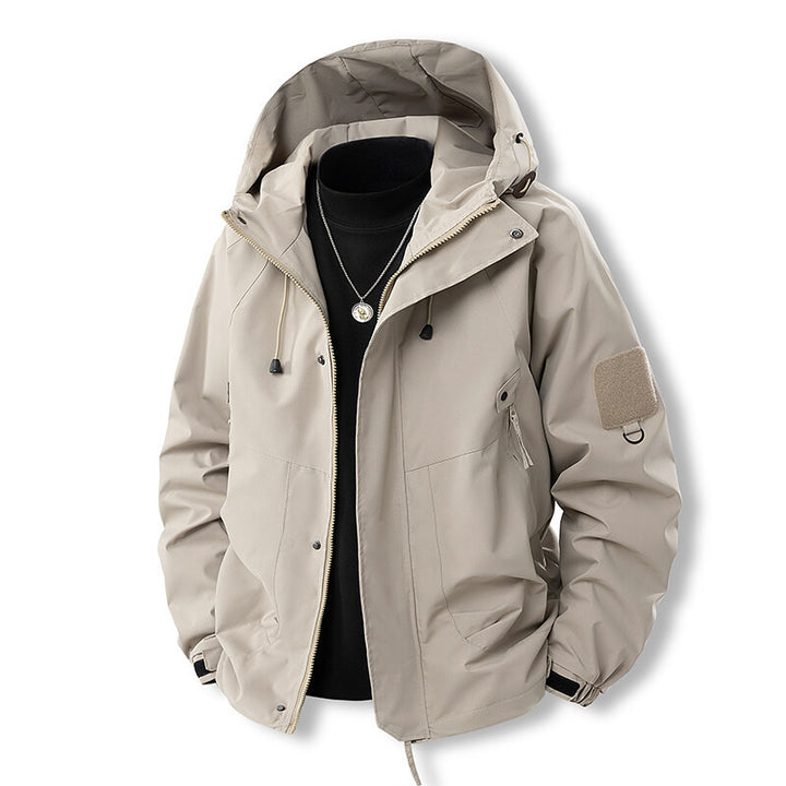Functional outdoor jacket for men with adjustable hood and breathable properties Lune London
