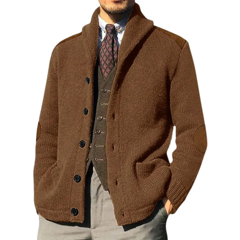 Men's knit jacket with classic shawl collar and elegant leather details Lune London