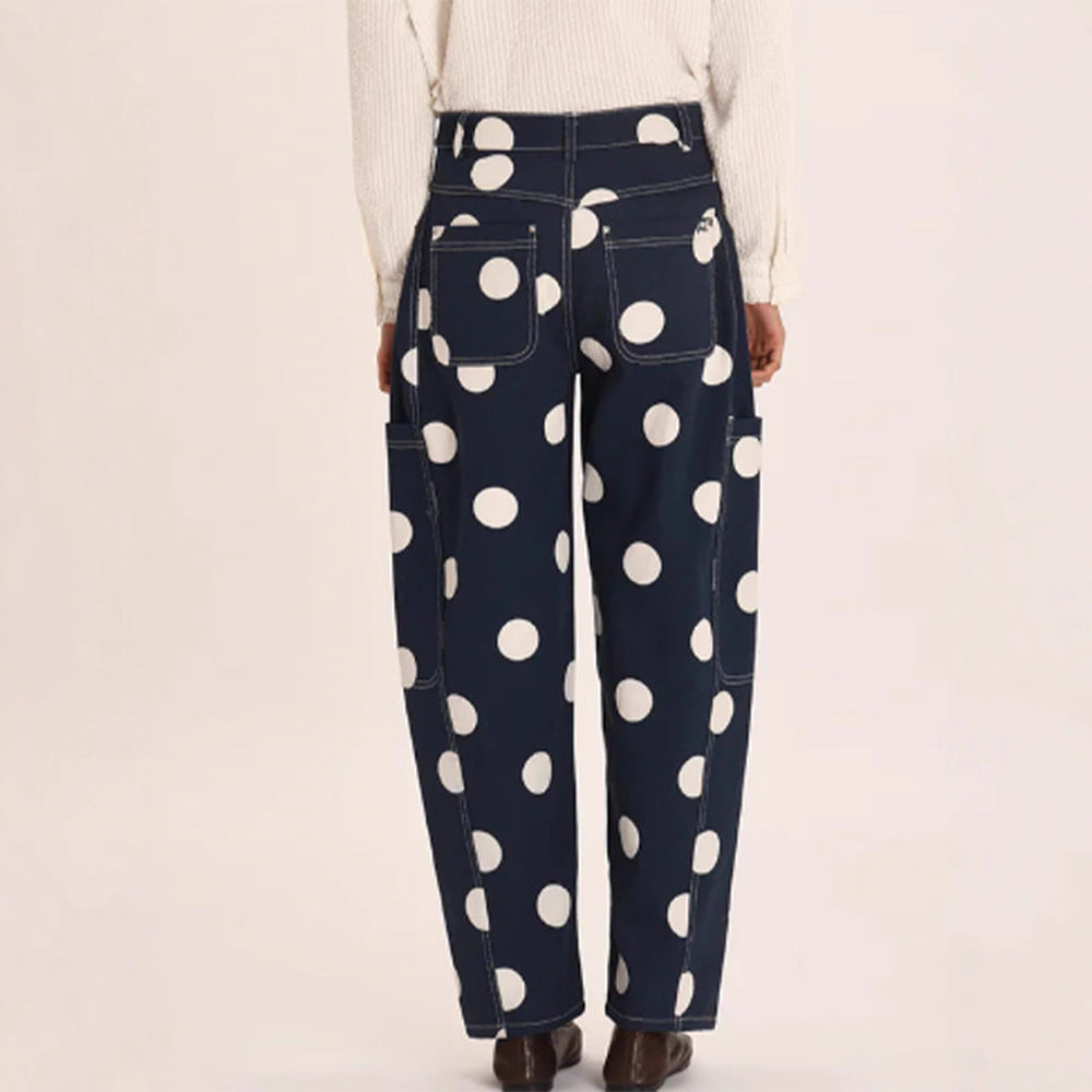 Women's wide cargo pants with high waist, polka dot print and visible contrast stitching Amarae