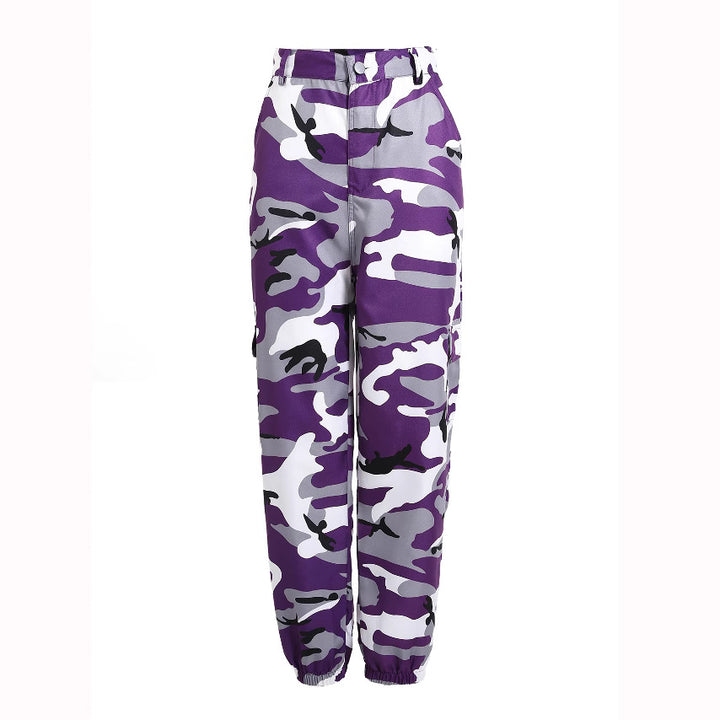 Women's cargo pants with a modern camouflage design, elastic waistband, and practical pockets Lune London