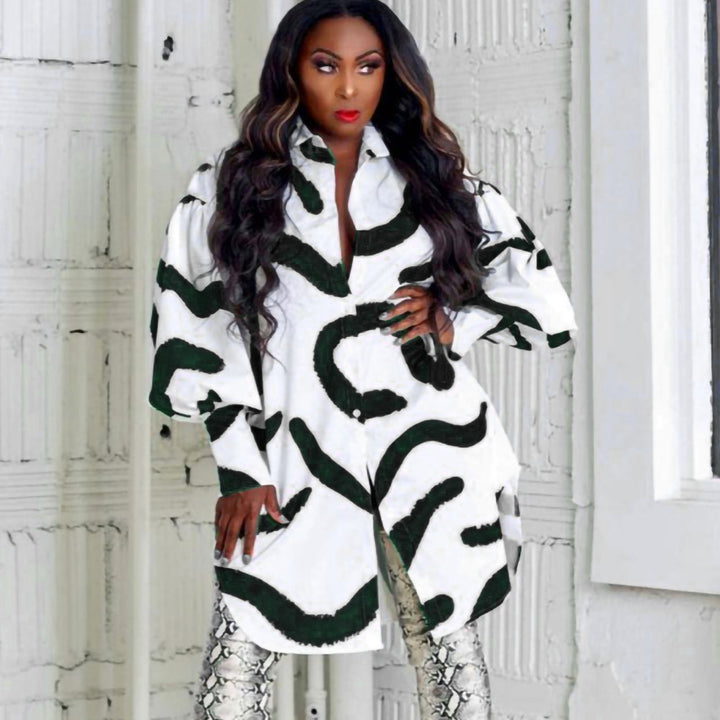 Trendy shirt dress for women with an eye-catching pattern and flared sleeves Lune London