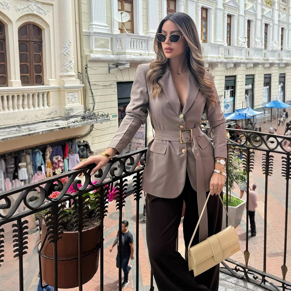 Women's tailored blazer with wide tie belt and gold-colored hardware Amarae