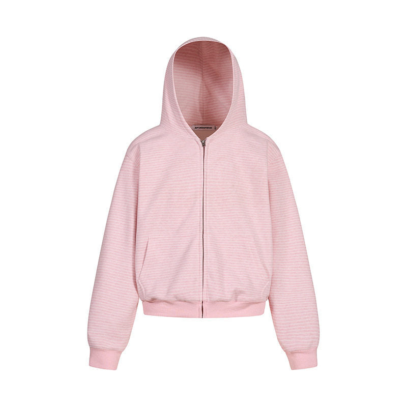 Women's short-cut hooded sweatshirt jacket with short hem, stripe texture, and zipper