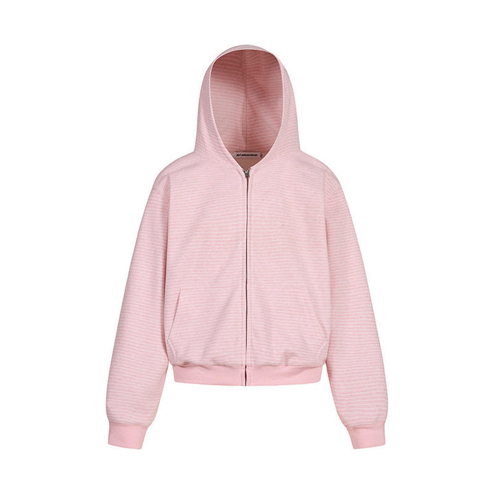 Women's short-cut hooded sweatshirt jacket with short hem, stripe texture, and zipper