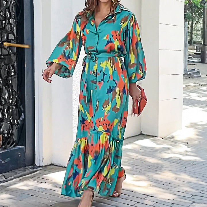 Airy maxi dress for women with a colorful graphic design and elegant ruffle details Lune London