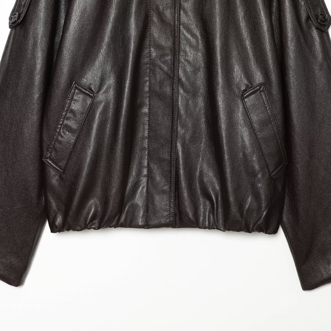 Women's short-cut leather look blouson jacket with high funnel collar, shoulder tabs and integrated patch pockets Amarae