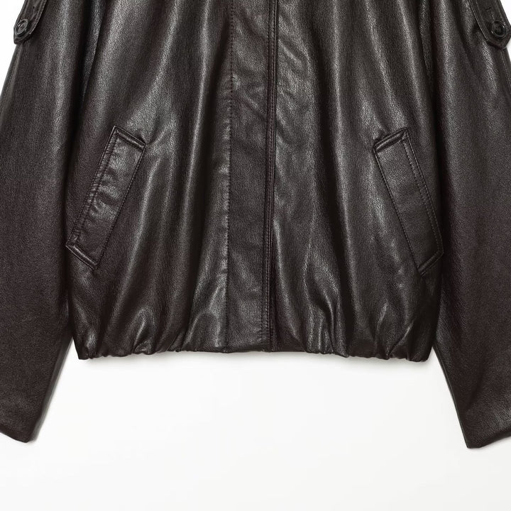 Women's short-cut leather look blouson jacket with high funnel collar, shoulder tabs and integrated patch pockets Amarae