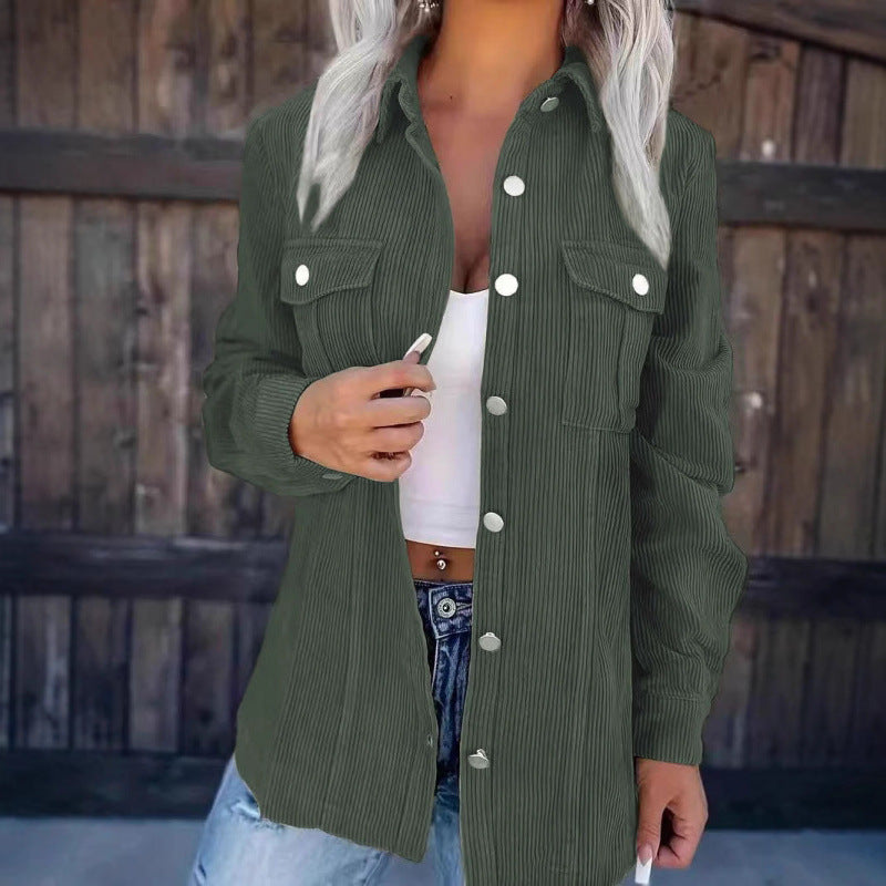 Ladies cord shirt jacket in shacket style with snap button placket and chest pockets Amarae