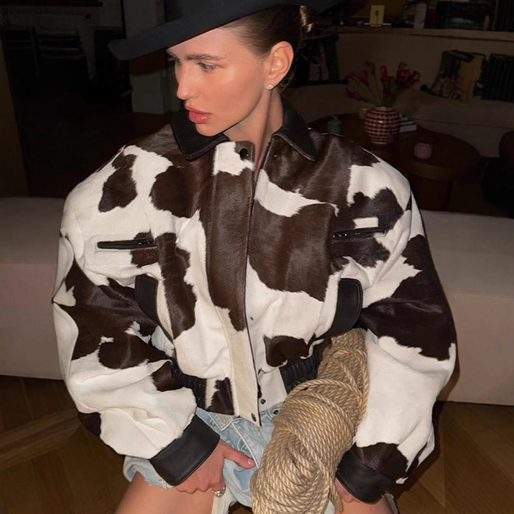 Women Short Cut Boxy Faux Fur Jacket in Cow Spot Pattern Amarae