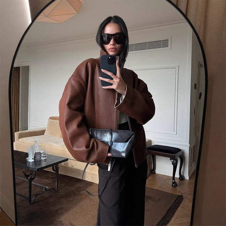 Women's Oversized Leather Blouson with Soft Teddy Lining and Concealed Zipper