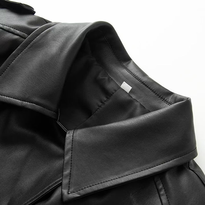 Women's short faux leather trench coat with waist belt and shoulder cape Amarae