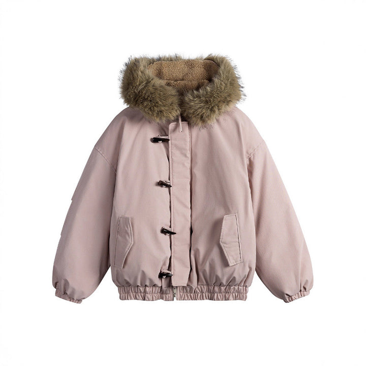 Unisex Padded Hooded Jacket in Boxy Cut with Teddy Lining, Faux Fur Collar and Toggle Closures Amarae