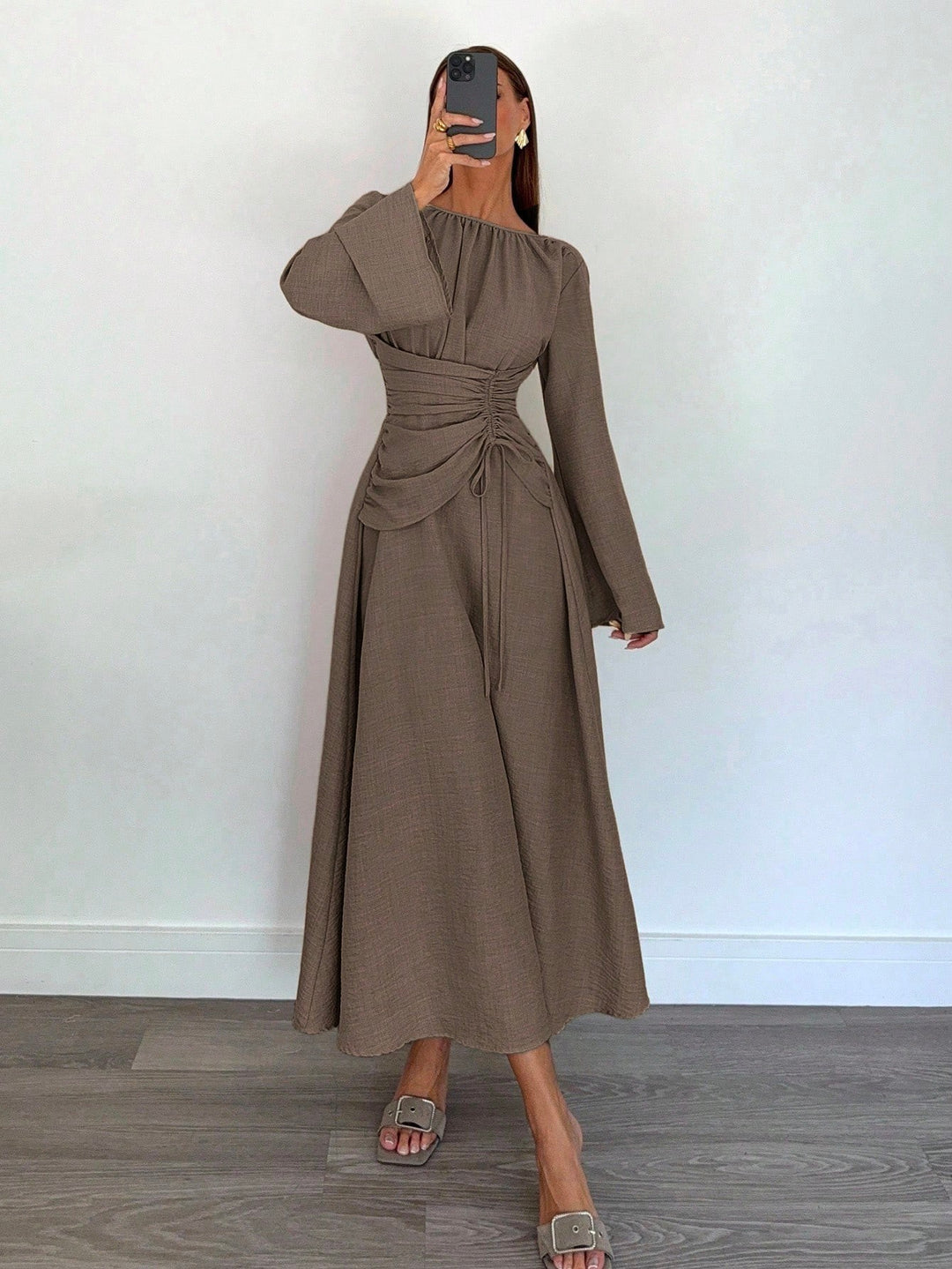 Ladies Max Dress with gathered waist lacing and bell sleeves Amarae