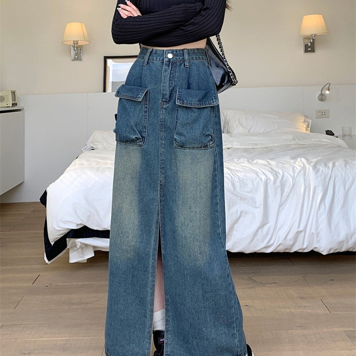 Jupe en denim longue pour femmes avec poches plaquées pratiques Chic & Stil