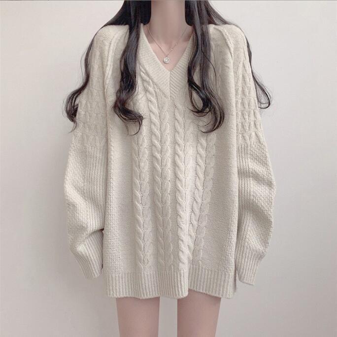Pull en tricot surdimensionné pour femmes avec motif en croix et décolleté en V Chic & Stil