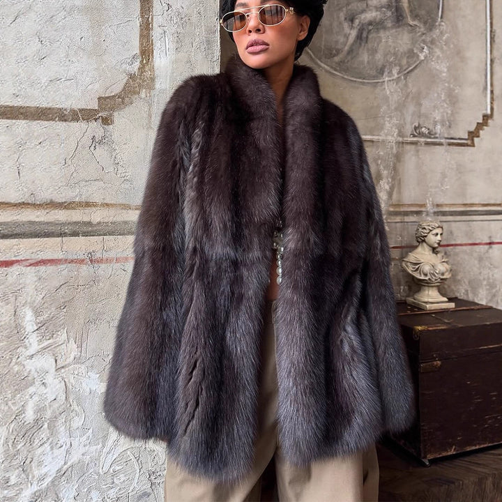 Women Short Fur Coat in Boxy Cut with Voluminous Shawl Collar Amarae