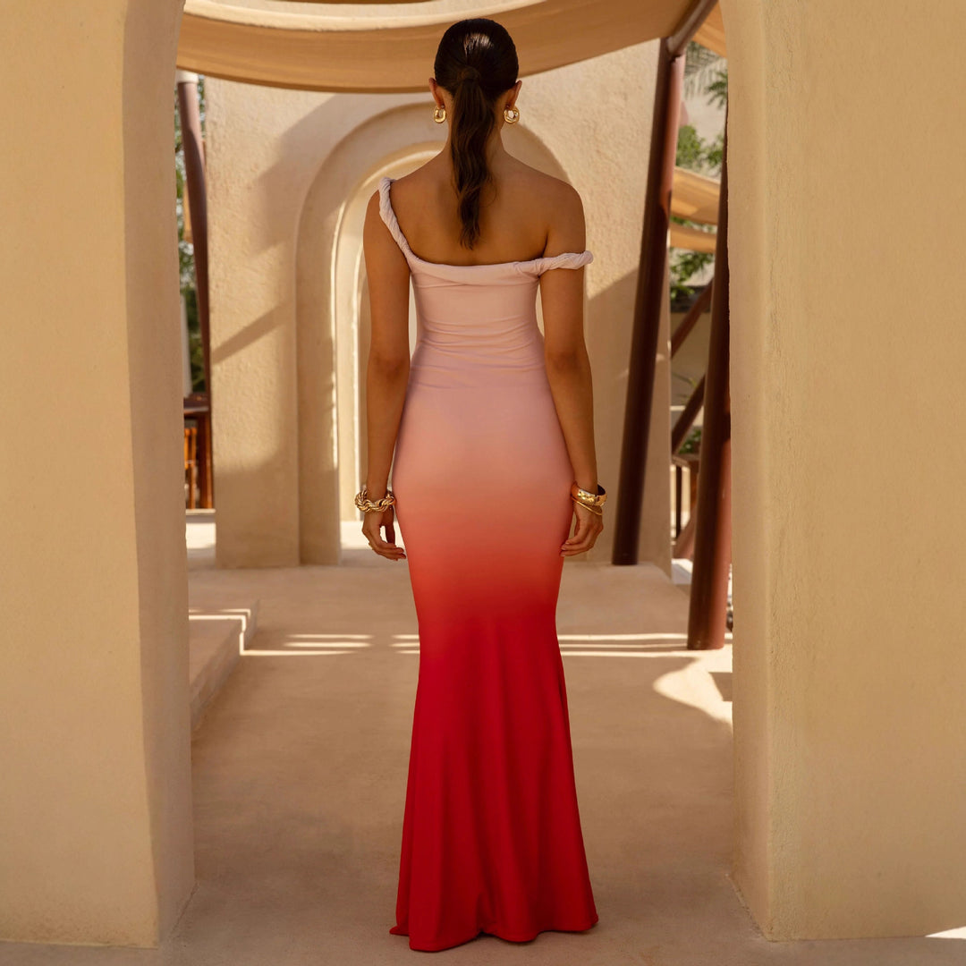 Women's figure-hugging evening dress with off-the-shoulder design and side slit Lune London