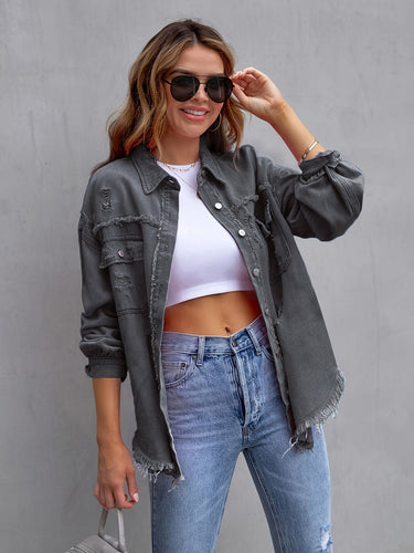Oversized denim jacket for women with frayed edges and patch pockets Amarae