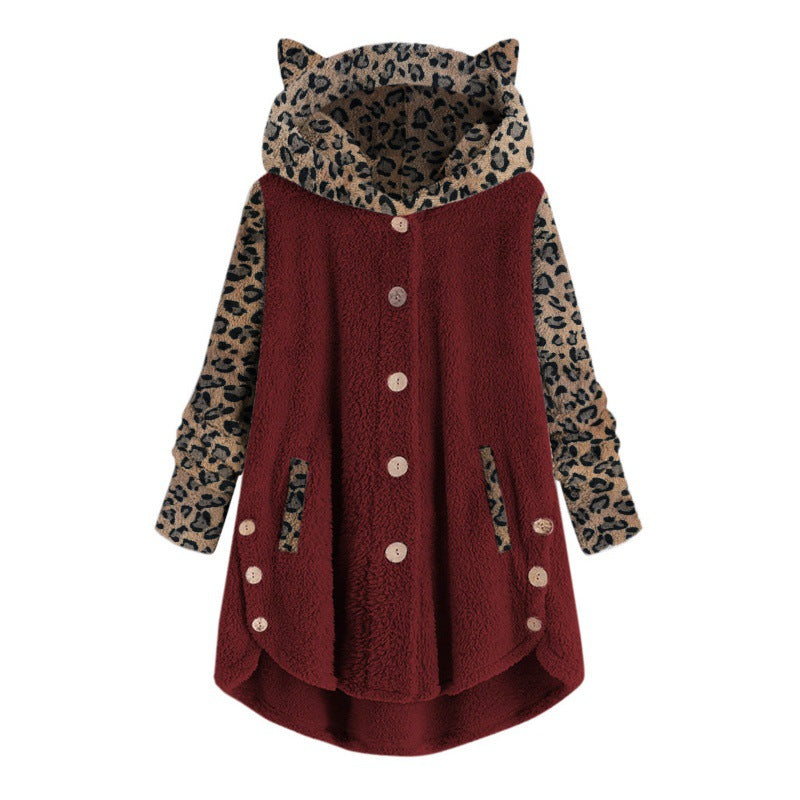 Women's teddy coat with hood, button placket, and contrasting leopard sleeves Amarae