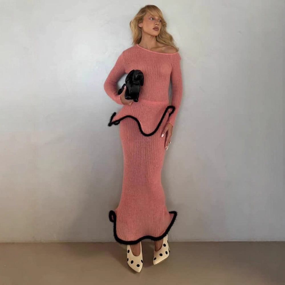 Women's fitted long ribbed knit dress with asymmetrical neckline, ruffled peplum and contrasting piping edge Amarae