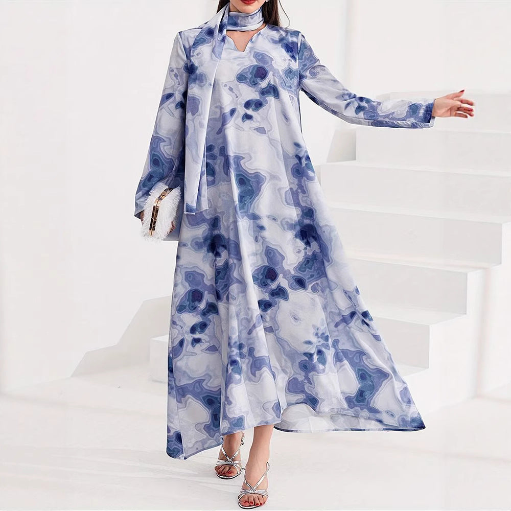 Maxi dress for women with artistic pattern and elegant high collar Lune London