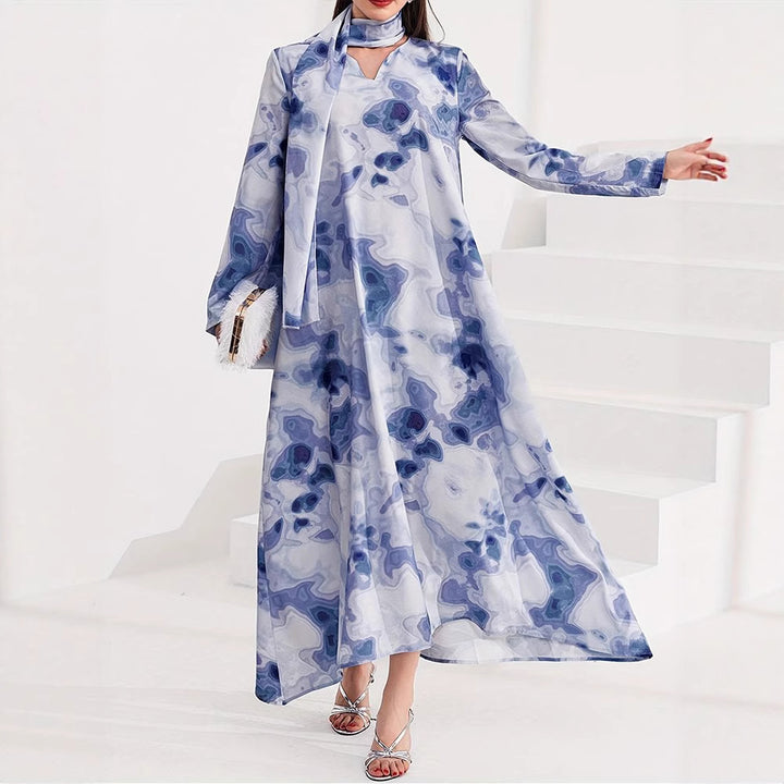 Maxi dress for women with artistic pattern and elegant high collar Lune London