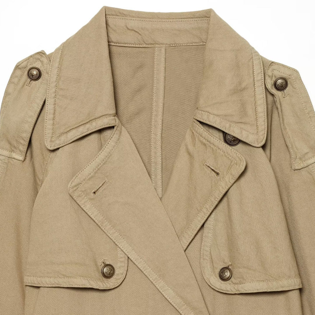 Women Cropped Trench Cape Jacket with double-breasted button placket, shoulder patches and tie belt Amarae
