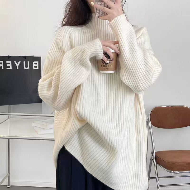 Sweater en maille épaisse pour femme avec col haut et design de côtes texturées Chic & Stil