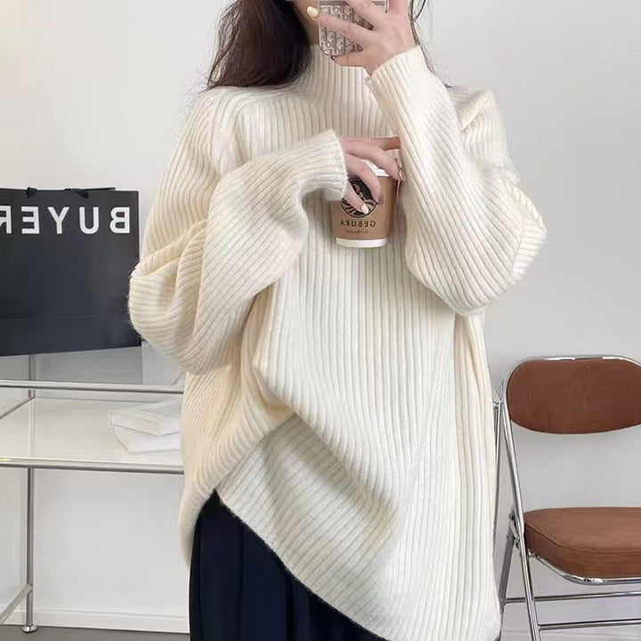 Sweater en maille épaisse pour femme avec col haut et design de côtes texturées Chic & Stil