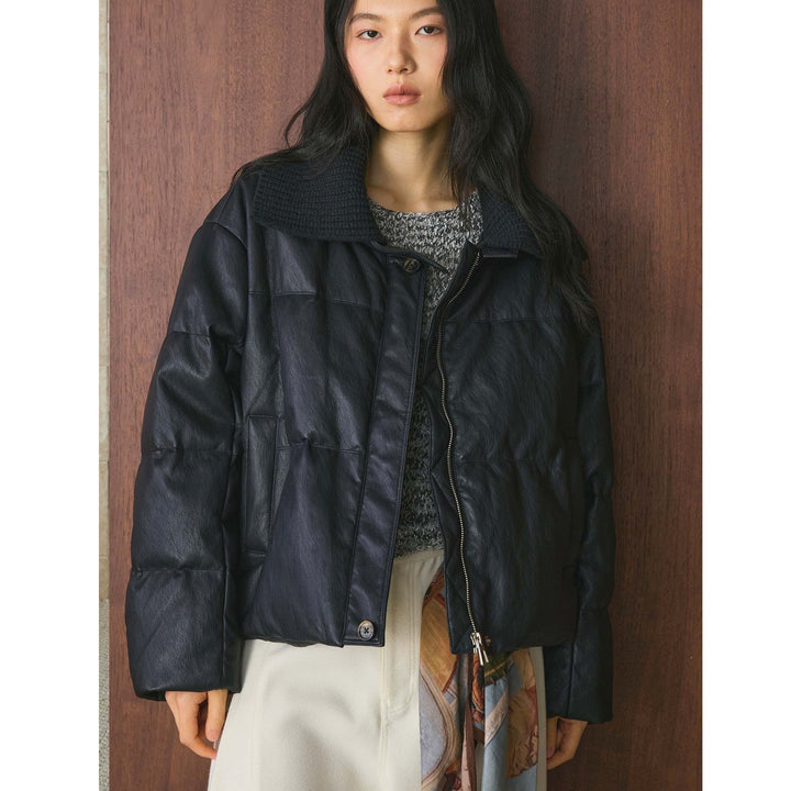 Women's Padded Leather-Look Jacket with Knitted Collar Amarae