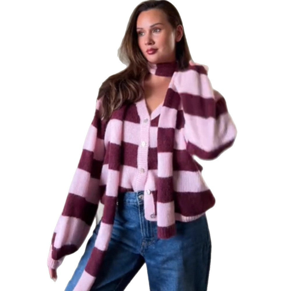 Women's Oversized Knit Cardigan Set with Block Stripes, Button Placket and Matching Scarf Amarae
