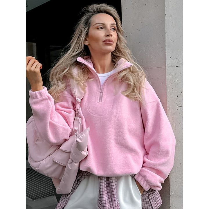 Women’s Oversized Fleece Pullover with Half Zipper and Stand-Up Collar Amarae