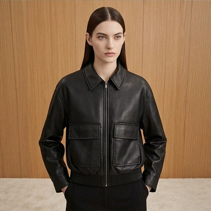 Women's short jacket made of faux leather in bomber style with ribbed hem and patch pockets Amarae