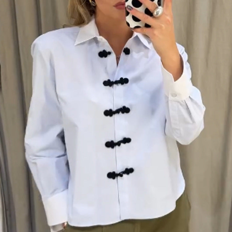 Women’s short cut poplin shirt blouse with stand-up collar and decorative cord knot closures Amarae