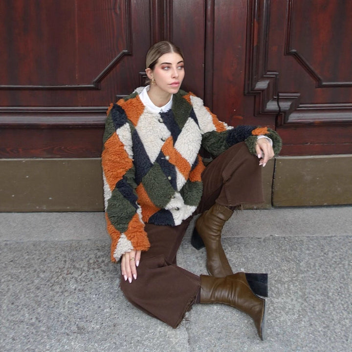 Women Short-Cut Patchwork Teddy Jacket with Textured Loop Fiber and Snap Button Placket Amarae