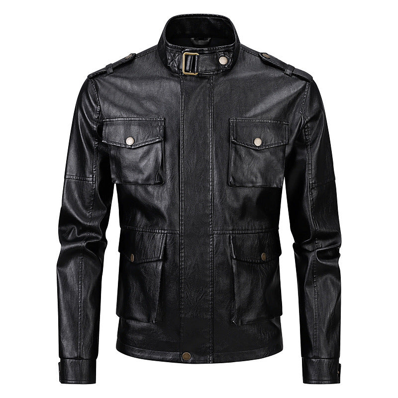 Veste militaire pour hommes en simili cuir avec poches pratiques et col haut Lune London